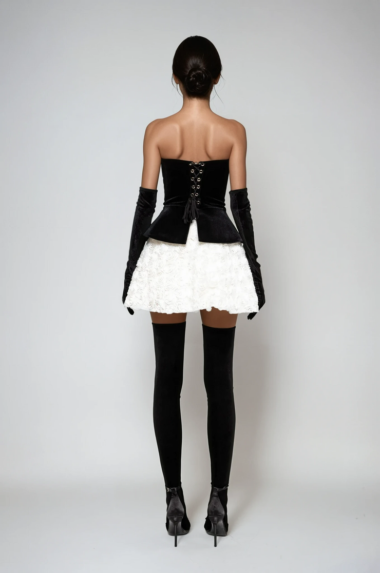 Abda Strapless Floral Layerd Velvet Mini Dress