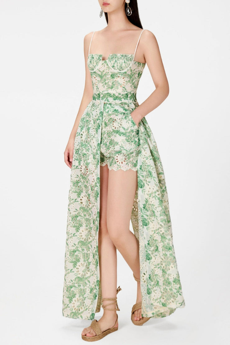 Abetzi Floral Embroidered Shorts & Maxi Dress Set - Green