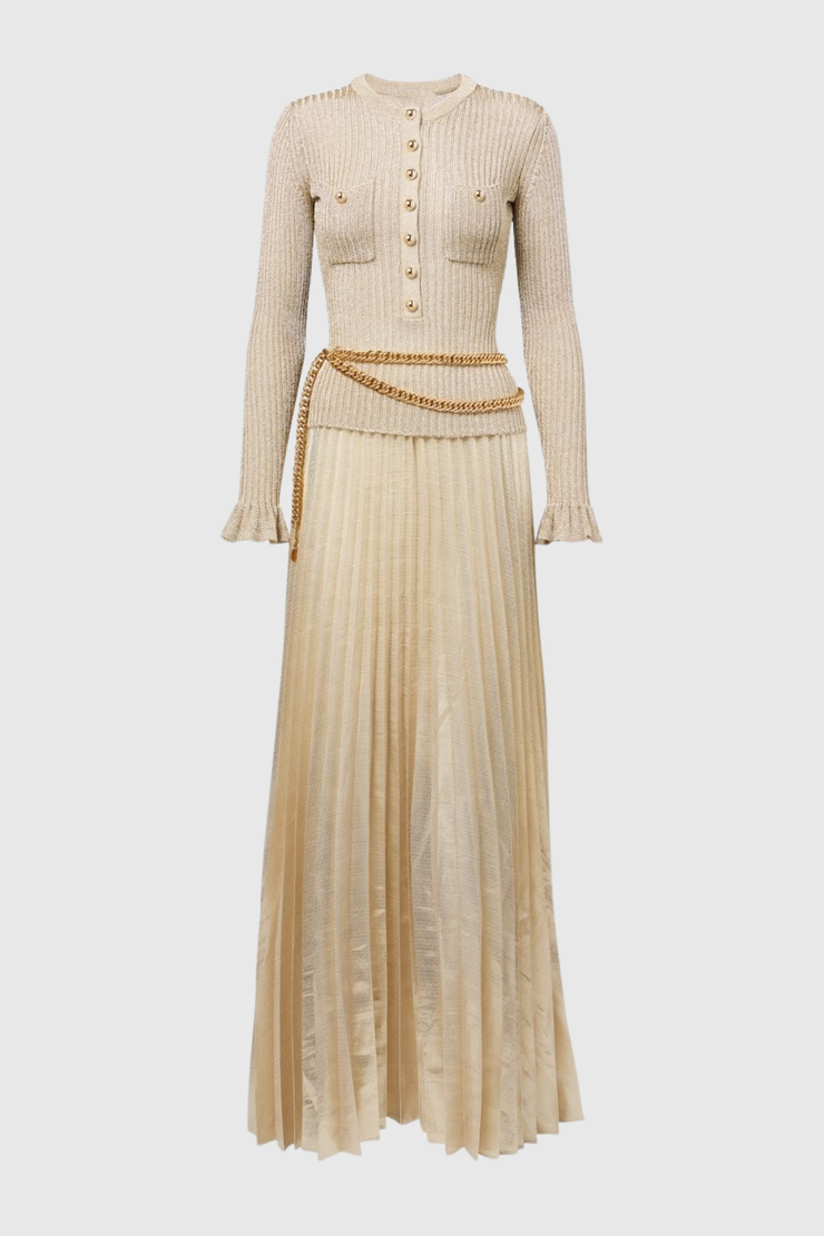 Alisha Ribbed Knit Pleated Maxi Dress