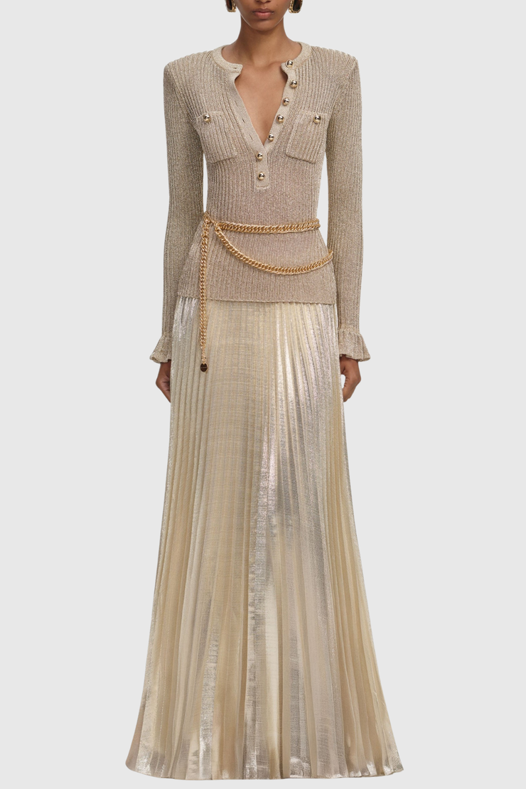 Alisha Ribbed Knit Pleated Maxi Dress