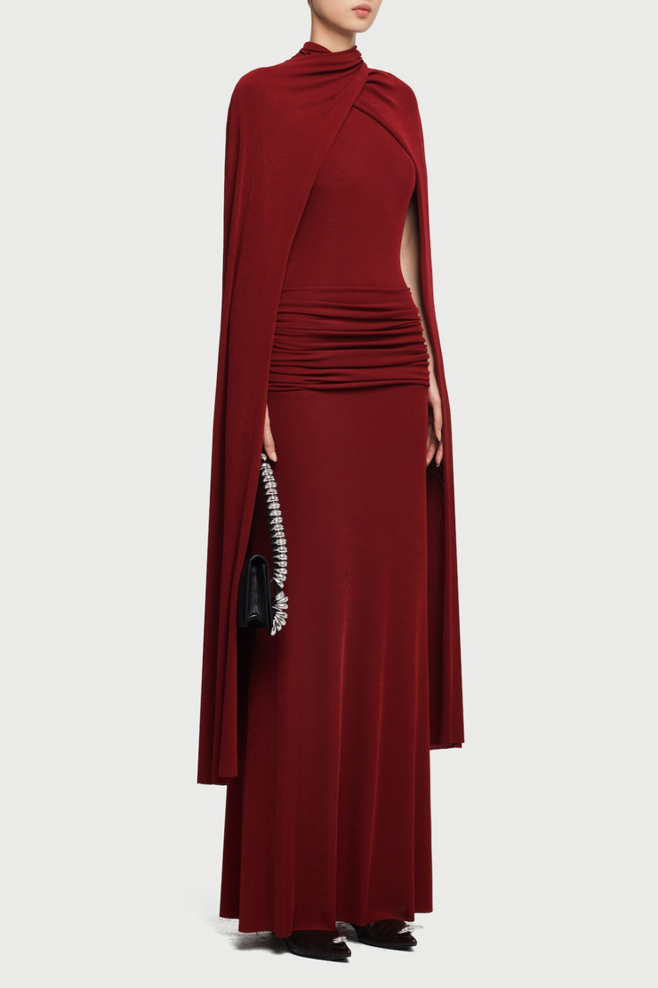 Amalia Ruched Shawl Maxi Dress - Wine