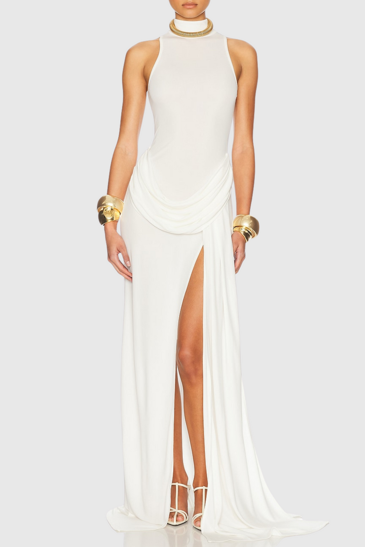 Amaya Draped Sleeveless Split Maxi Dress - White
