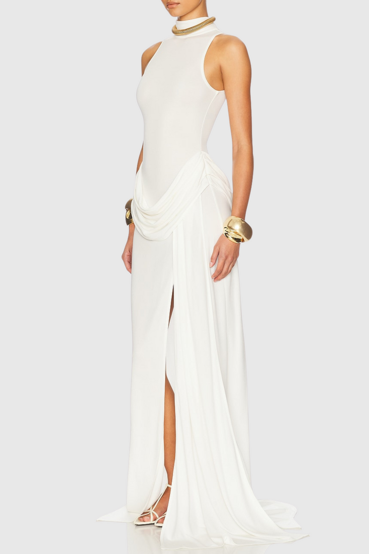 Amaya Draped Sleeveless Split Maxi Dress - White