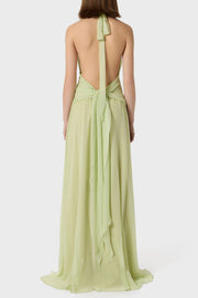 Aonaver Floral Ruffle Halter Maxi Dress - Green