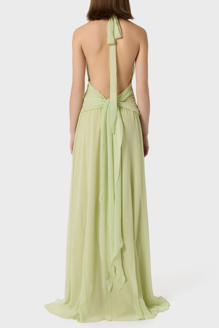 Aonaver Floral Ruffle Halter Maxi Dress - Green