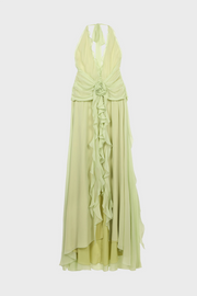 Aonaver Floral Ruffle Halter Maxi Dress - Green