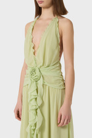 Aonaver Floral Ruffle Halter Maxi Dress - Green