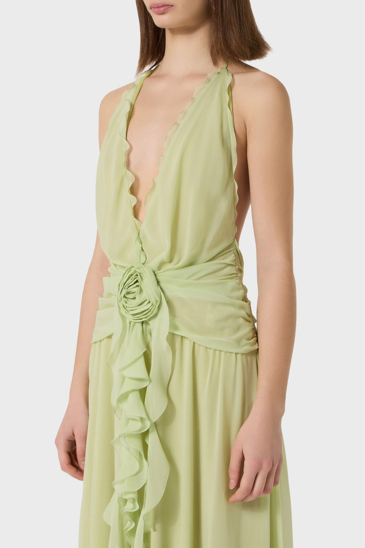 Aonaver Floral Ruffle Halter Maxi Dress - Green