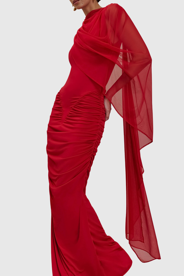 Arta Asymmetrical Ruched Maxi Dress - Red
