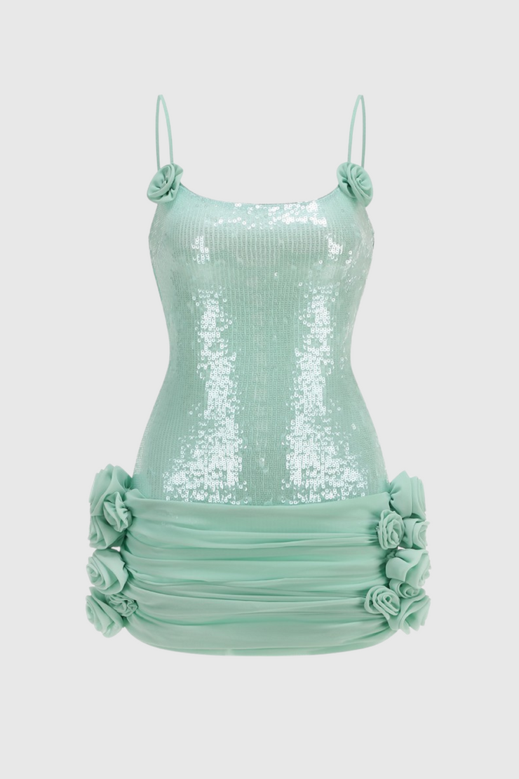 Azadeh Foral Sequin Ruched Mini Dress