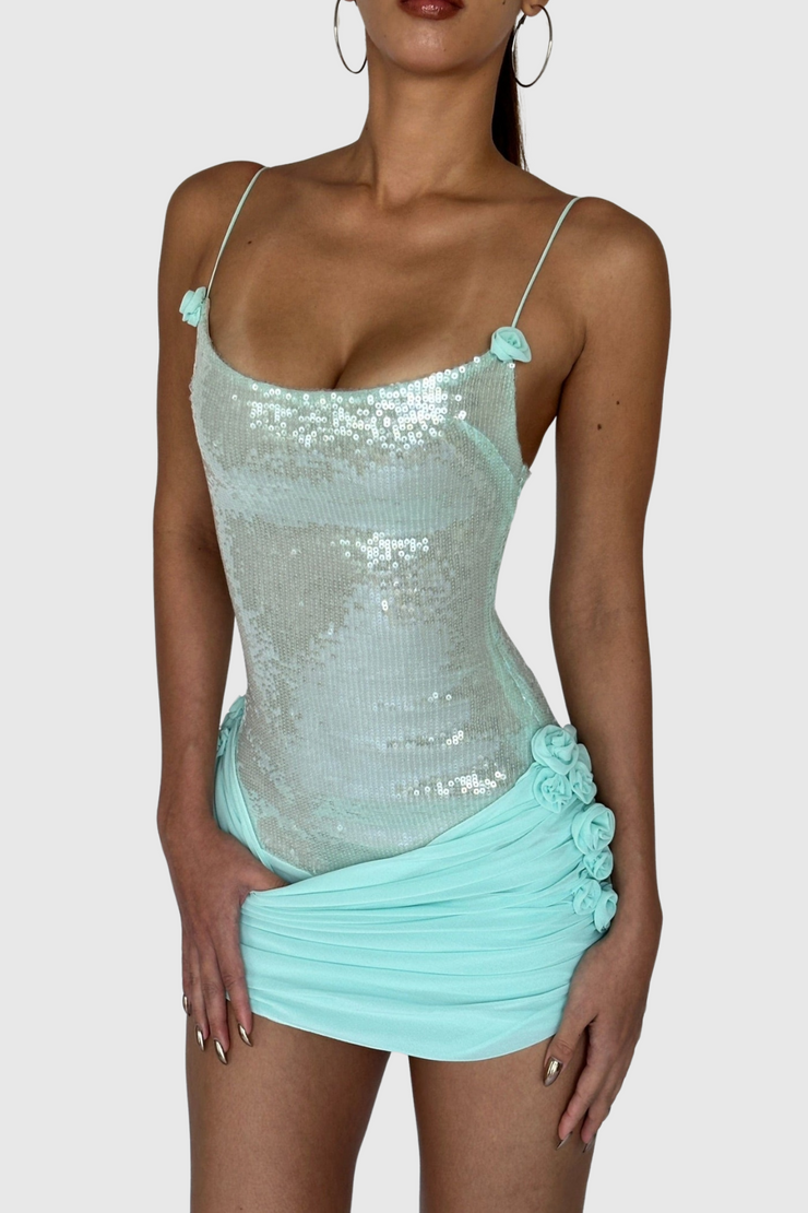 Azadeh Foral Sequin Ruched Mini Dress