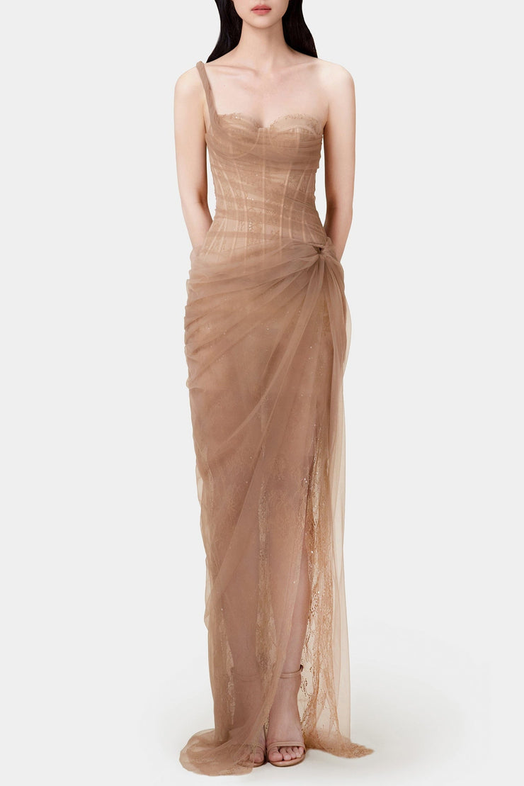 Inina Lace Corset One Shoulder Midi Dress - Brown