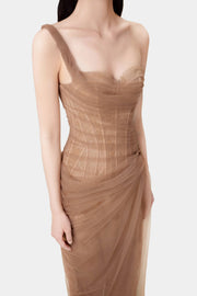 Inina Lace Corset One Shoulder Midi Dress - Brown