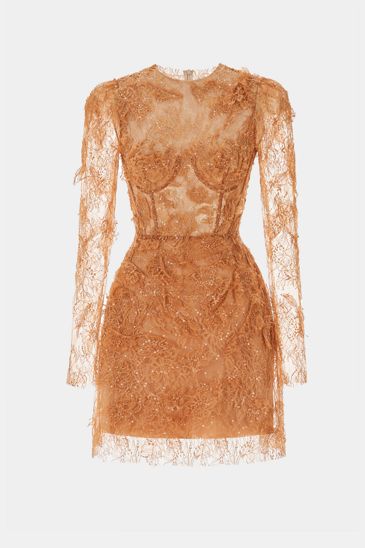 Batya Lace Long Sleeve Mini Dress - Caramel