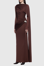 Betsey Asymmetrical Flap Ruched Maxi Dress - Brown