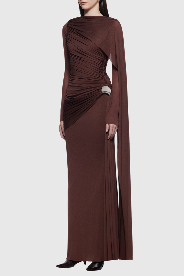 Betsey Asymmetrical Flap Ruched Maxi Dress - Brown