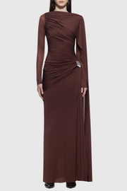 Betsey Asymmetrical Flap Ruched Maxi Dress - Brown