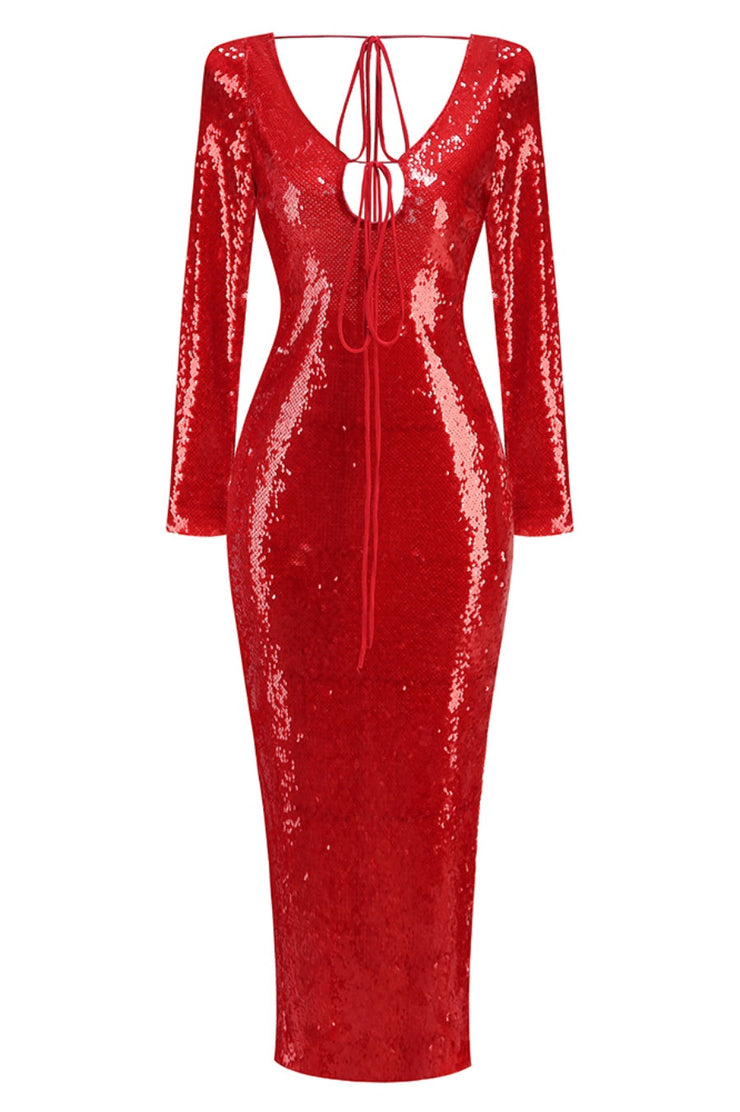 Brianna Sequin Midi Dress - Red