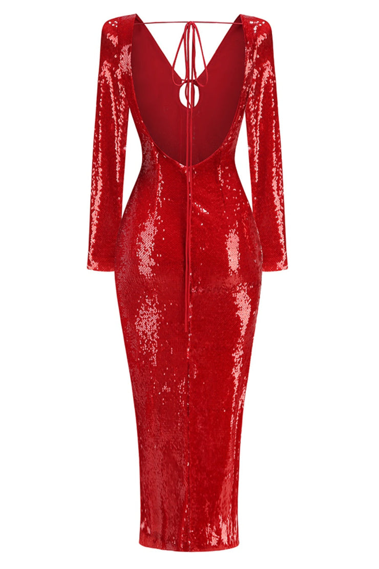 Brianna Sequin Midi Dress - Red