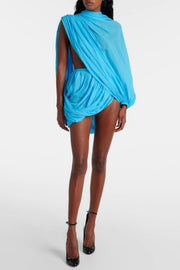 Cahya Asymmetric Draped Mesh Mini Dress