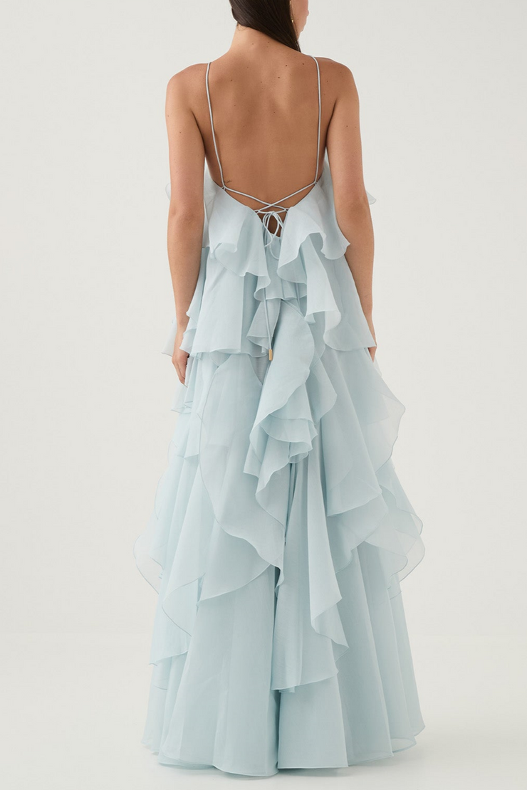 Caysie Halter Floral Ruffle Layered Maxi Dress - Blue