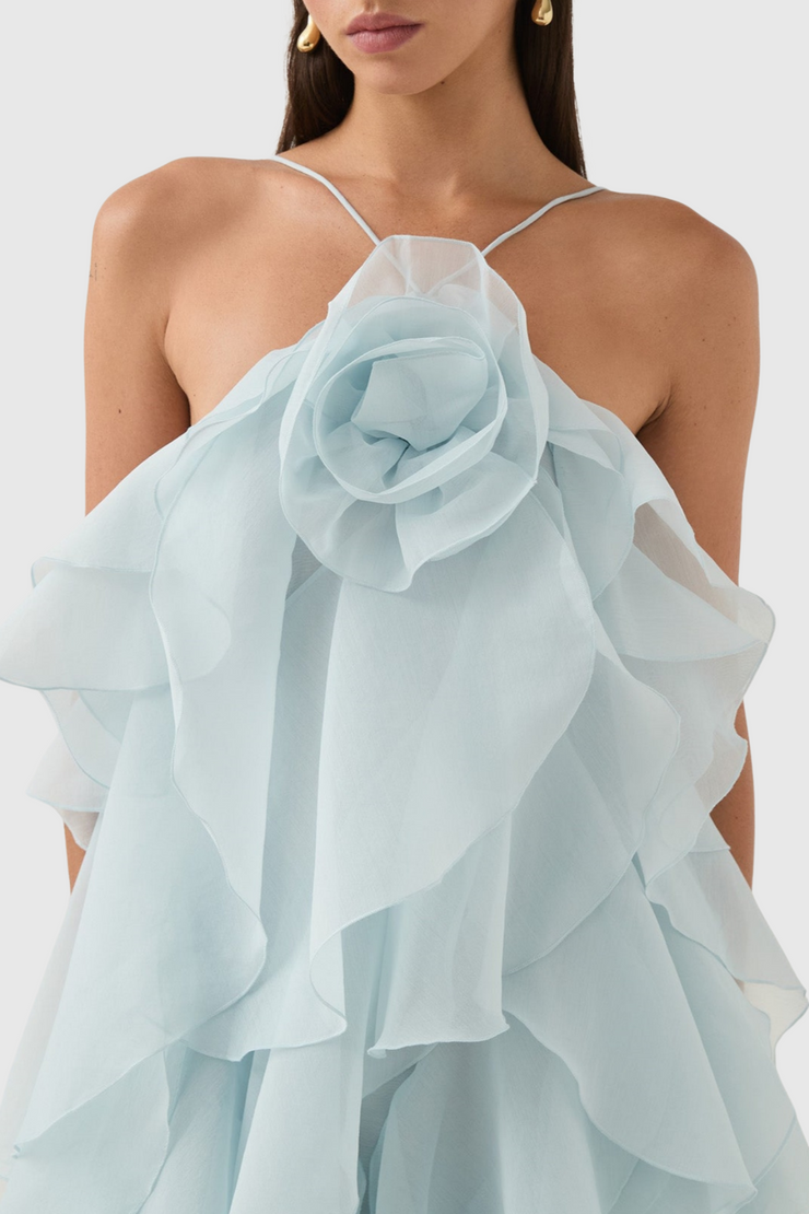 Caysie Halter Floral Ruffle Layered Maxi Dress - Blue