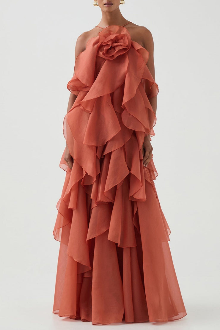 Caysie Halter Floral Ruffle Layered Maxi Dress - Orange