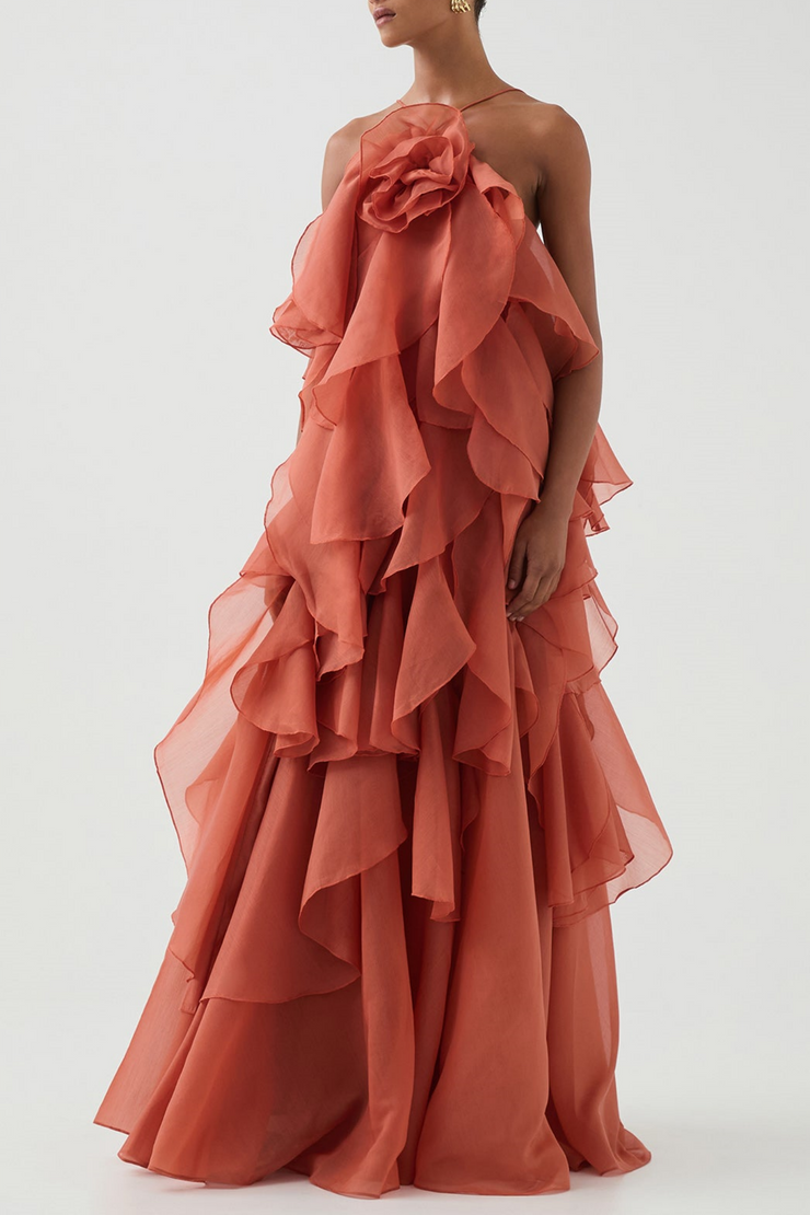 Caysie Halter Floral Ruffle Layered Maxi Dress - Orange