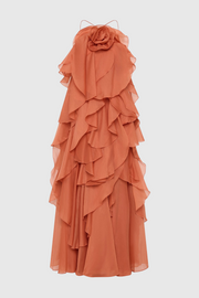 Caysie Halter Floral Ruffle Layered Maxi Dress - Orange