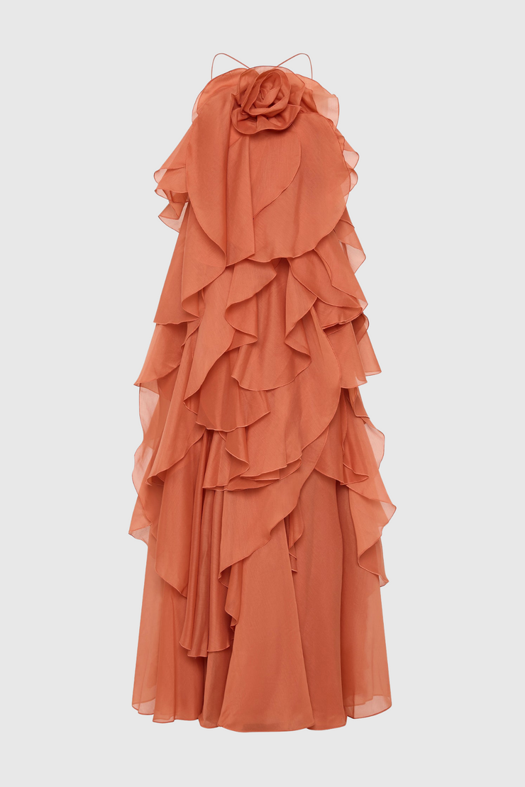 Caysie Halter Floral Ruffle Layered Maxi Dress - Orange