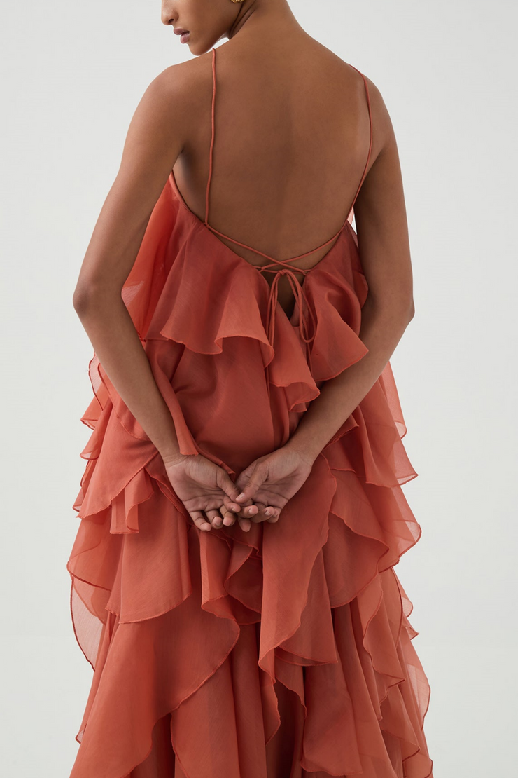 Caysie Halter Floral Ruffle Layered Maxi Dress - Orange