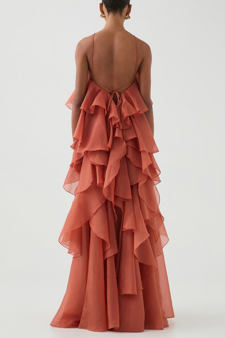 Caysie Halter Floral Ruffle Layered Maxi Dress - Orange