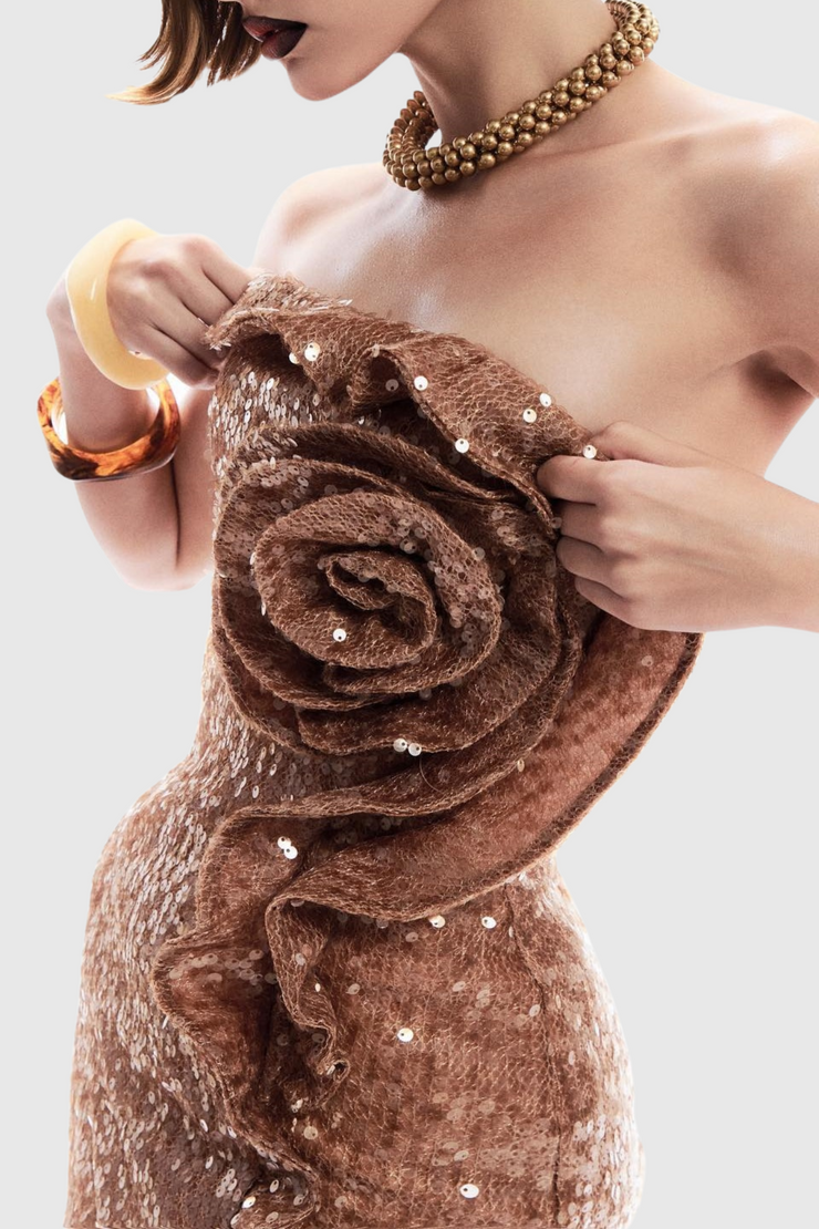 Charae Sequin Floral Strapless Mini Dress