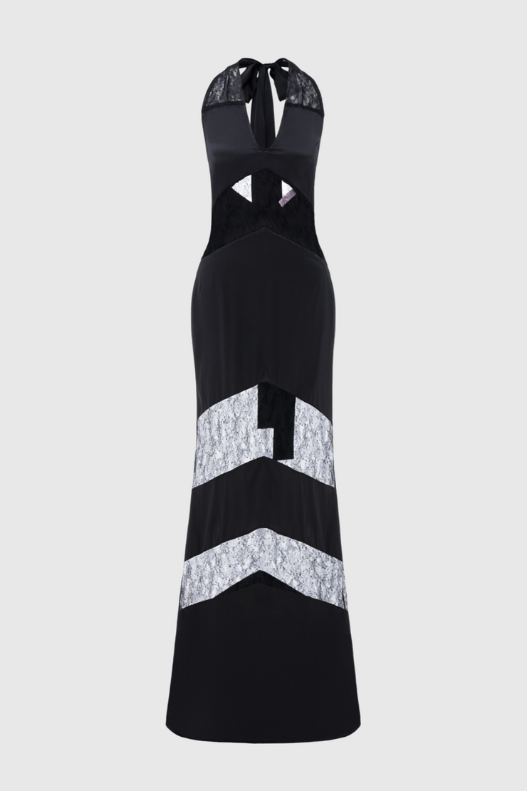 Clora Satin Halter Lace Maxi Dress - Black