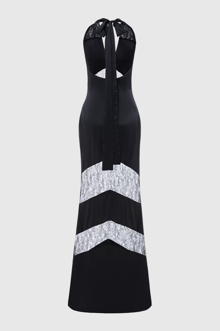 Clora Satin Halter Lace Maxi Dress - Black