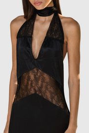 Clora Satin Halter Lace Maxi Dress - Black