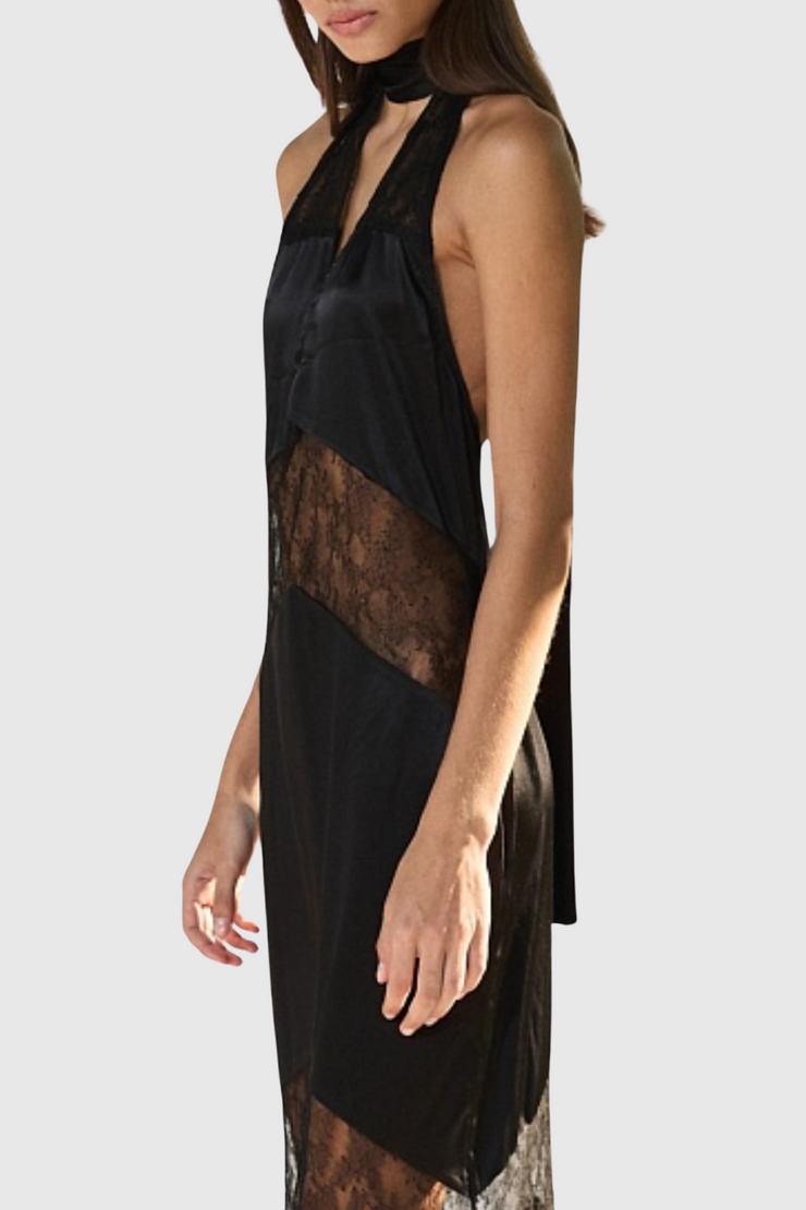 Clora Satin Halter Lace Maxi Dress - Black