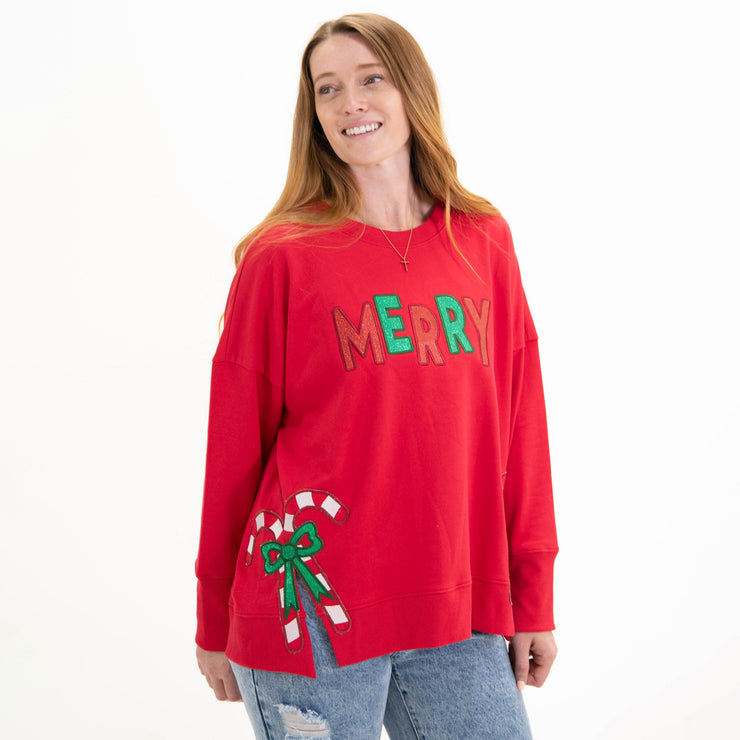 Merry Candy Canes Side Slit Crewneck Sweatshirt