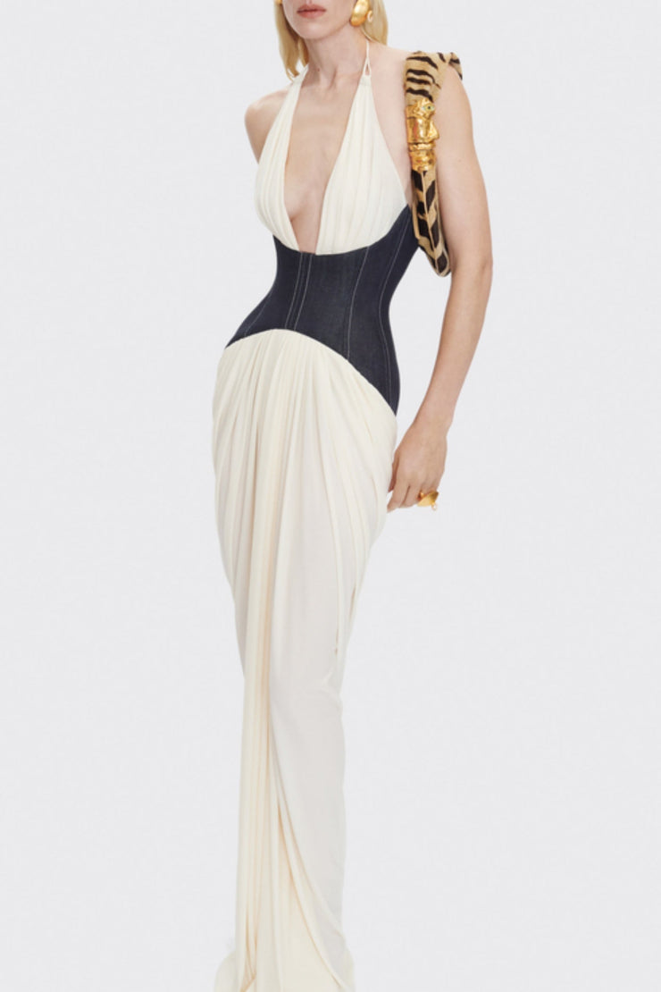 Daryle Halter Denim Corset Ruched Maxi Dress