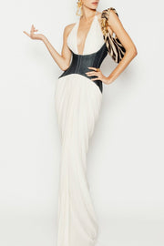 Daryle Halter Denim Corset Ruched Maxi Dress