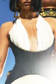 Daryle Halter Denim Corset Ruched Maxi Dress