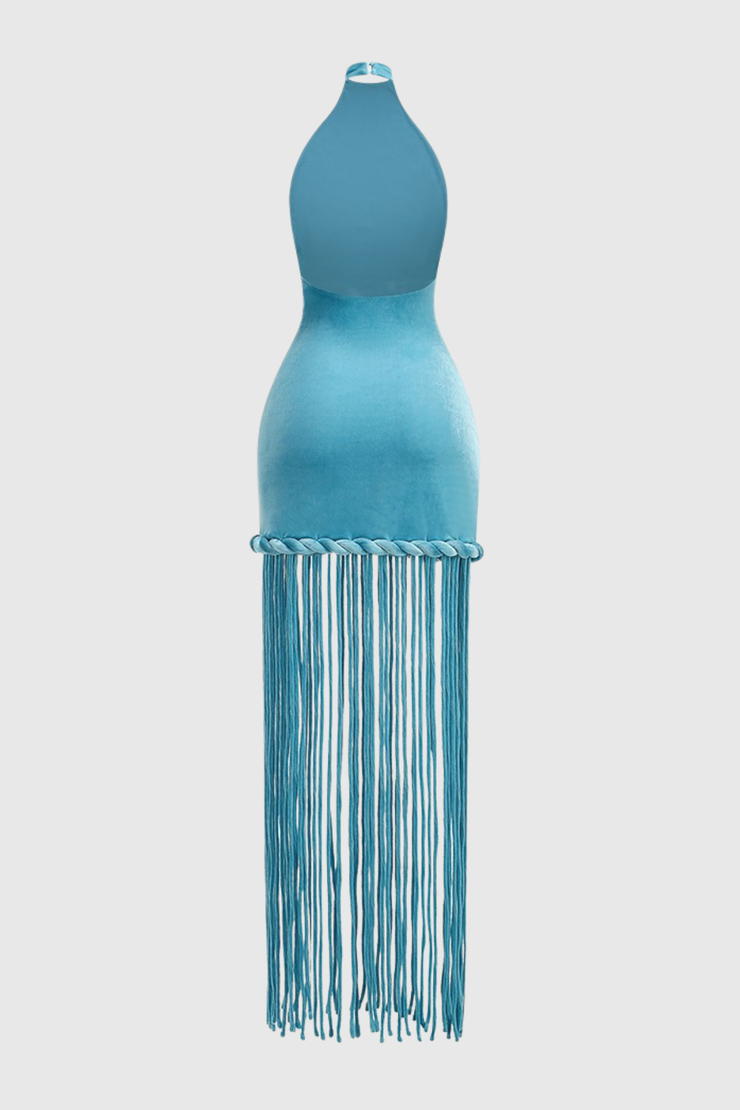 Datara Halter Velvet Rope Fringe Maxi Dress