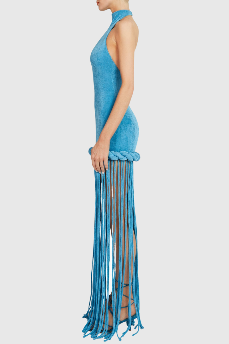 Datara Halter Velvet Rope Fringe Maxi Dress