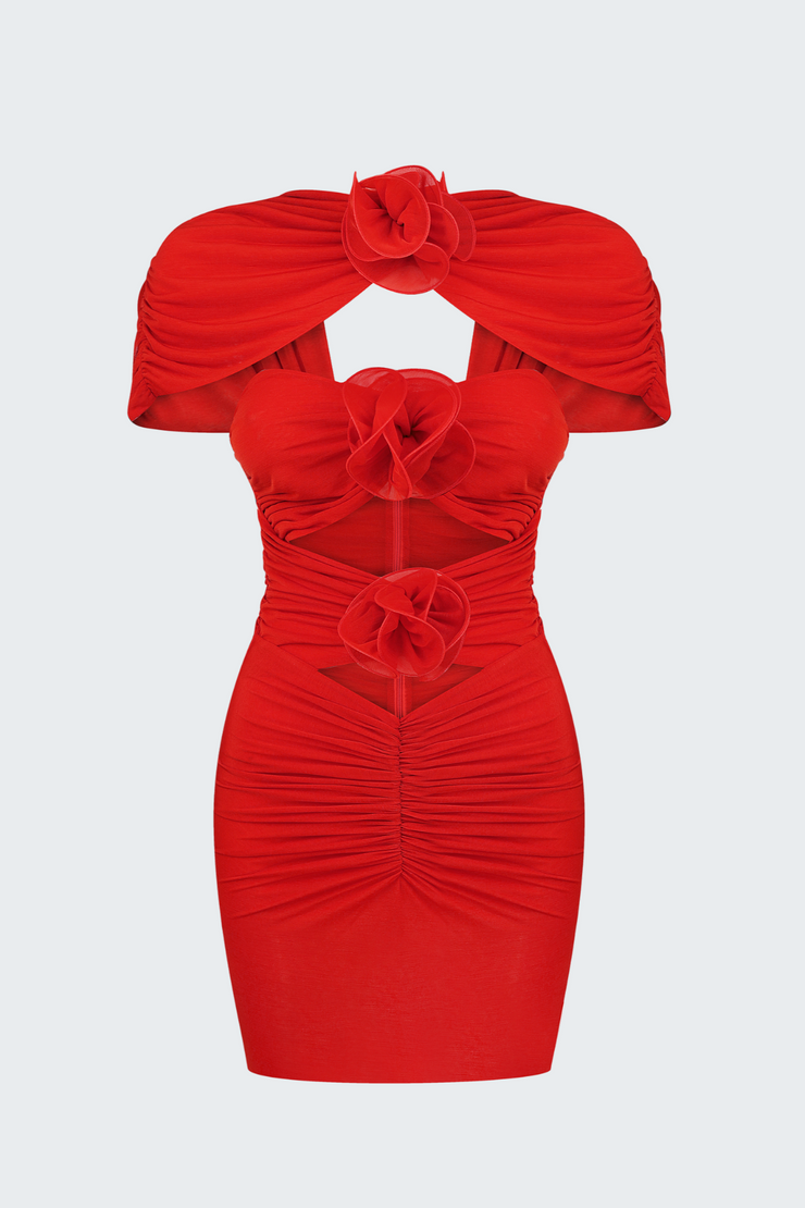 Earls Floral Cutout Ruched Mini Dress - Red