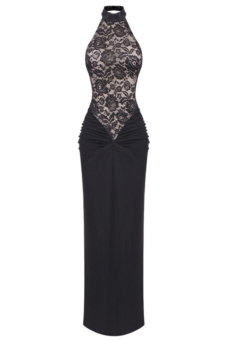 Eileen Halter Lace Ruched Maxi Dress