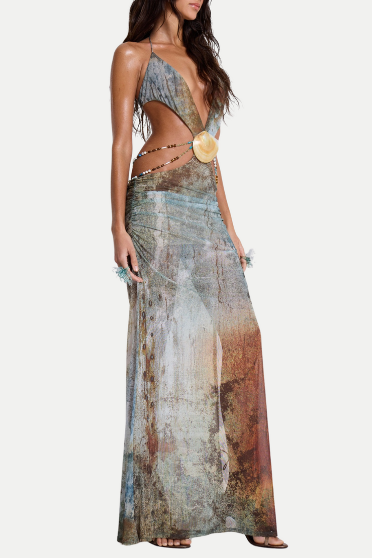 Einar Print Mesh Embellished Backless Maxi Dress