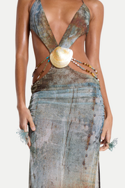 Einar Print Mesh Embellished Backless Maxi Dress