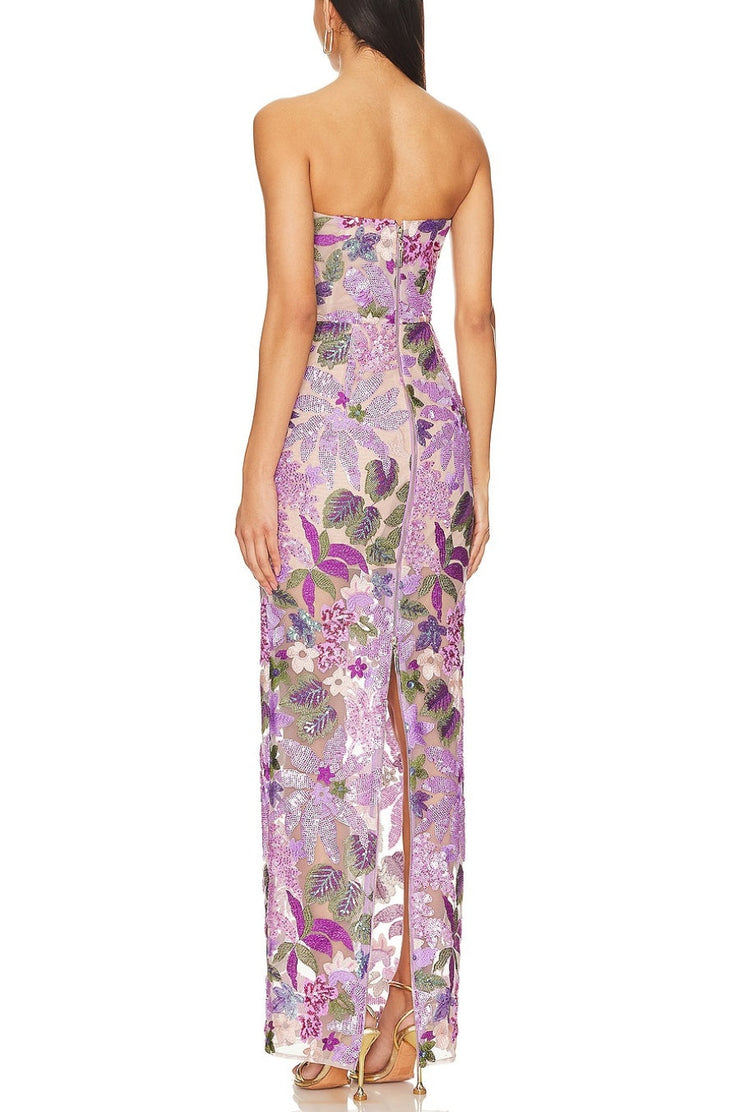 Elara Floral Sequin Embroidered Strapless Maxi Dress - Purple