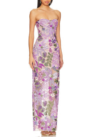 Elara Floral Sequin Embroidered Strapless Maxi Dress - Purple