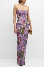 Elara Floral Sequin Embroidered Strapless Maxi Dress - Purple